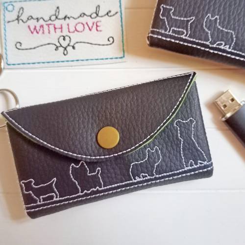 Schlüsseltasche Hunde aus schwarzem Kunstleder bestickt, Schlüsselanhänger Tasche, USB Tasche Etui Lippenstift Kopfhörer