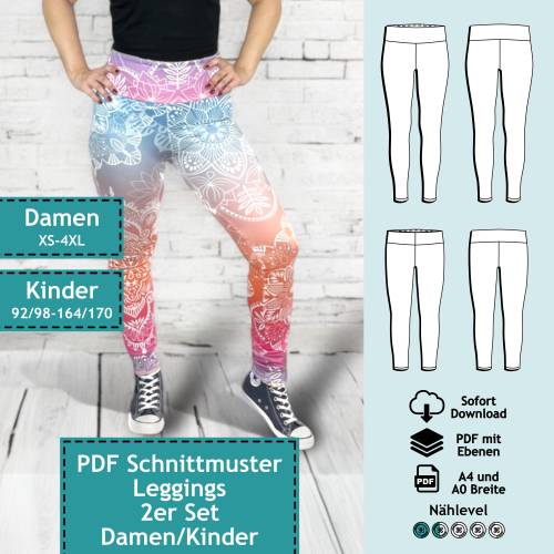 2er Set PDF Schnittmuster Damen und Kinder Leggings | e-Book für Damen und Mädchen Sporthose, Schnitt mit Nähanleitung, 