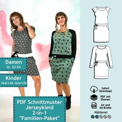 2er Set PDF Schnittmuster mit Ebenen Jerseykleid m. Raglanärmeln Damen und Kinder| Schnitt Raglankleid, Nähanleitung - B