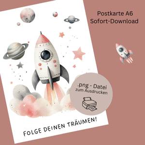 Motivations-Postkarte „Folge deinen Träumen“ – Raketen-Motiv in Rosa-Grau Bild 1