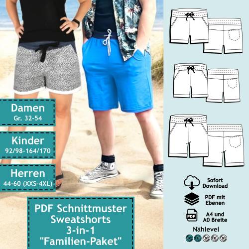 3er Set Sweatshorts PDF Schnittmuster  für Damen, Kinder & Herren, Schnitt für kurze Hose, Shorts mit Nähanleitung | Bun
