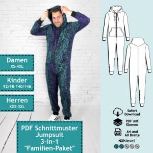 Bundle, 3er Set PDF Schnittmuster mit Ebenen Jumpsuit | e-book, Kinder, Herren & Damen Schnitt Onesie mit Nähanleitung ( Bild 1
