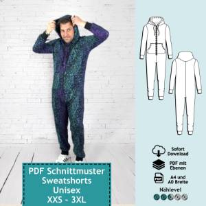 Bundle, 3er Set PDF Schnittmuster mit Ebenen Jumpsuit | e-book, Kinder, Herren & Damen Schnitt Onesie mit Nähanleitung ( Bild 5