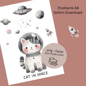 Astronauten-Katzen-Postkarte – Perfekt fürs Kinderzimmer! Katze im Weltall Bild 1