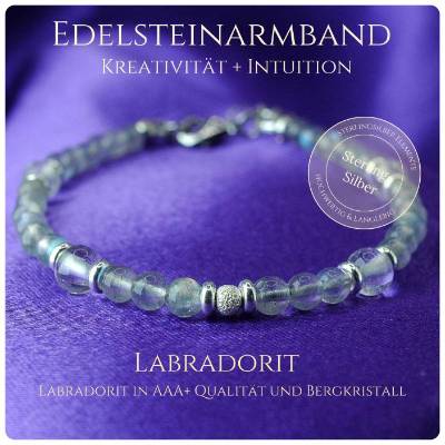 Handgefertigtes Edelsteinarmband aus Labradorit und Bergkristall mit Sterling Silber – Eleganter Schmuck und Talisman