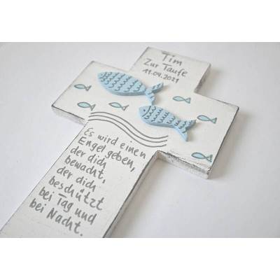 Taufkreuz Fisch 3D – Handbemaltes Holzkreuz zur Taufe, Kommunion & Geburt, einzigartiges Geschenk