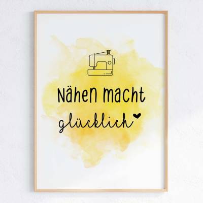 Digitales Poster Nähen macht glücklich – Nähzimmer Deko, Nähspruch, vier Farben DIN A3 Download