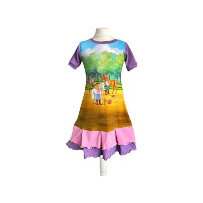 Handmade kurzarm Bibi und Tina Kleid für Mädchen– Rüschenkleid Einschulungskleid aus Jersey rosa und lila