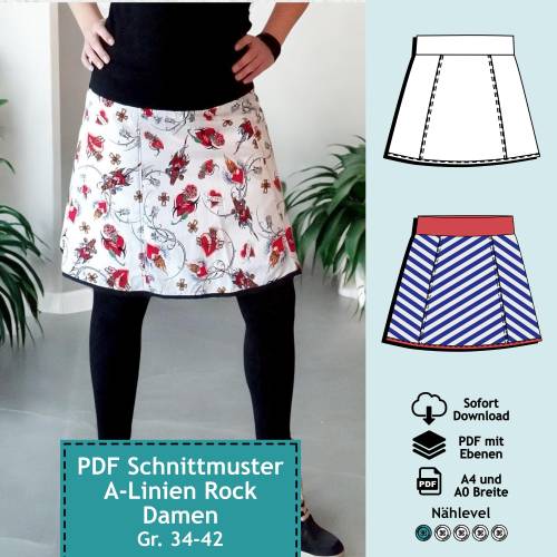 PDF Schnittmuster Rock mit A-Linie Lydia, Gr. 34 bis 42 | eBook für Damen Schnitt mit farbiger Nähanleitung (deutsch)