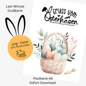 Gruß vom Osterhasen – Digitale Osterkarte mit Ostereiern zum Ausdrucken Bild 1