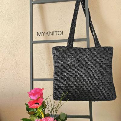 Raffia Tasche, schwarz, Schultertasche, Basttasche, Shopper, gehäkelt,  Umhängetasche