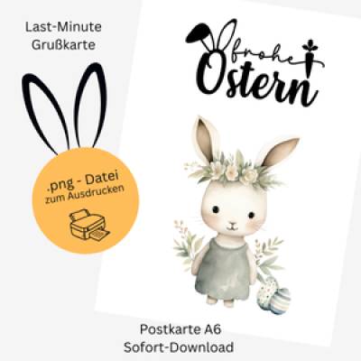 Digitale Osterkarte – Süßes Osterhasenmädchen mit Blumenkranz