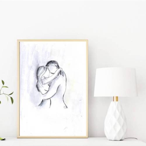 Tuschezeichnung Kunstdruck Umarmung – Abstraktes Liebespaar Akt in Schwarz Weiß – Menschen Kunst Poster DIN A4