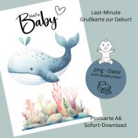 Willkommensgruß zur Geburt – Digitale Babykarte mit hübschem Wal Bild 1