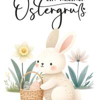 Osterkarte – Hase mit Korb und Blumen – 