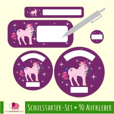 Schulstarter-Set | Fantasy Einhorn lila rosa - 90 teilig, Stifteaufkleber, Schuletiketten - blanko zum Selbstbeschriften
