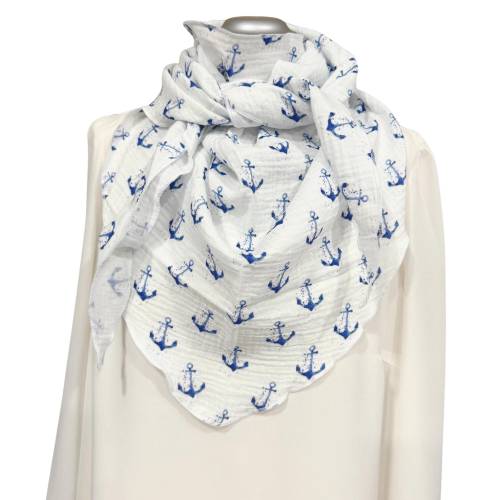 Musselintuch in weiß mit blauen Ankern für Damen - Dreieckstuch aus Musselin