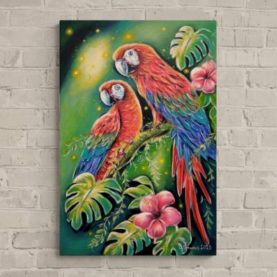 Rote Aras im Sternenlicht – Handgemaltes Acrylgemälde auf Leinwand (54cmx81cm, Unikat, fertig zum Aufhängen)