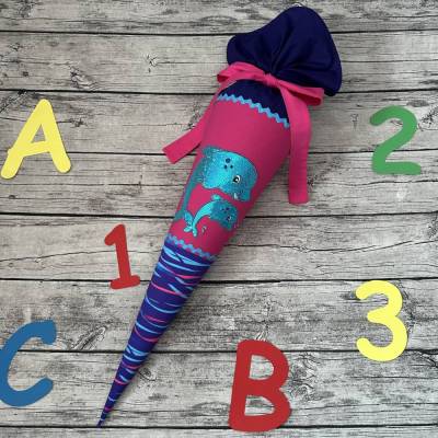 zauberhafte Schultüte Zuckertüte 70cm mit Delfin Wellen in Pink Türkis Lila
