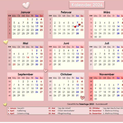 Jahreskalender 2026 auf einen Blick in Roséfarben PDF – DIN A4 zum Ausdrucken