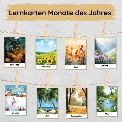 Monate des Jahres Lernkarten für Kinder zum Ausdrucken, Monatskarten Jahreszeiten lernen
