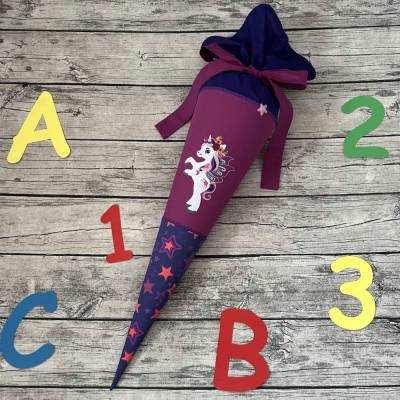 zauberhafte Schultüte Zuckertüte 70cm mit Pegasus Einhorn Sterne Beere Lila