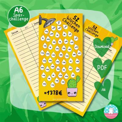 52 Wochen Challenge Kaktus - Sparchallenge - PDF A4 - passend für A6 Zippertaschen