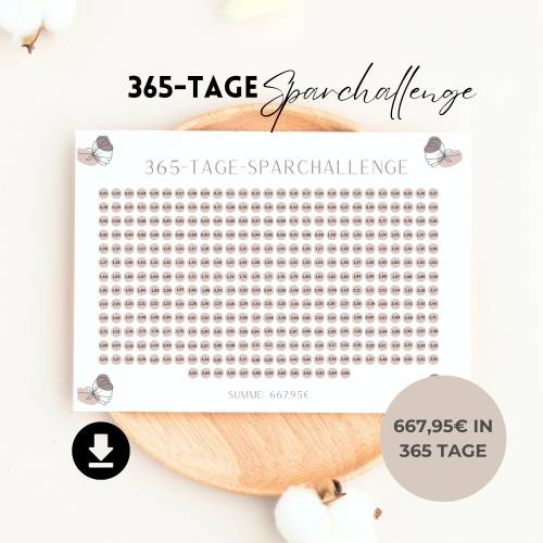365 Tage Sparchallenge, Jahres Sparchallenge zum Geld sparen, PDF Download DIN A4 & A5, Sparen Challenge Vorlage