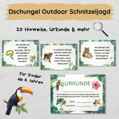 Dschungel Outdoor Schnitzeljagd mit 20 Hinweisen, Urkunde, Geschichte & mehr, Schatzsuche Set für Kinder ab 6