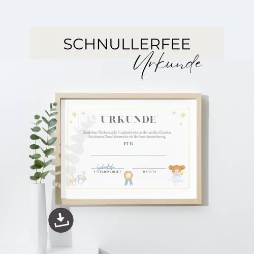 Urkunde Schnullerfee Zertifikat, Geschenkidee zum Abschied vom Schnuller, Schnullerentwöhnung, PDF-Vorlage, Digitaler Do