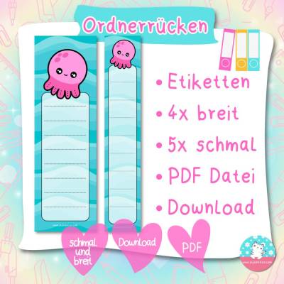 Ordnerrücken - Etiketten - kawaii Oktopus - PDF A4 Download - für breite & schmale Ordner