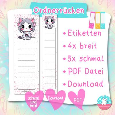 Ordnerrücken - Etiketten - Geisha Katze - PDF A4 Download - für breite & schmale Ordner