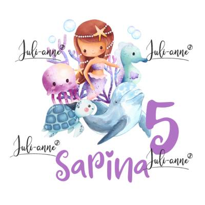 Bügelbild GEBURTSTAG Meerjungfrau mit Delfin personalisiert Zahl & Name 