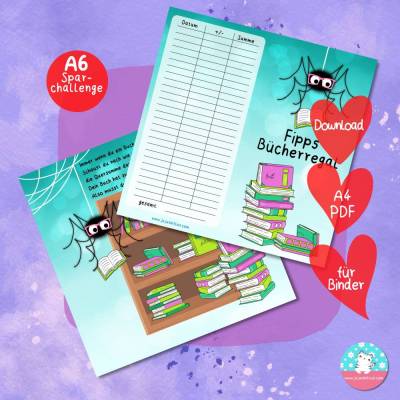 Klappkarte - Fipps Bücherregal - Lesechallenge- PDF A4 Download - passend für A6 Zippertaschen