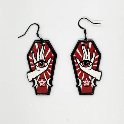 Sarg Ohrringe aus Edelstahl und Acryl - Gothic Schmuck - Goth Accessories - Pentakel mit Auge / Hand Motiv