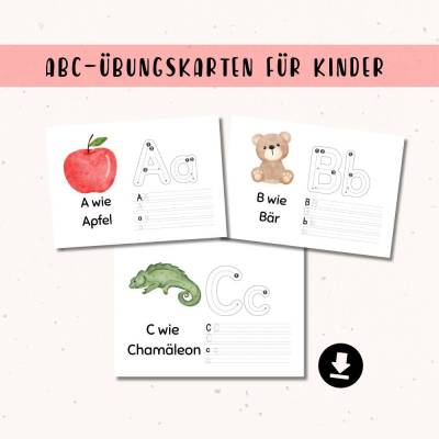 ABC schreiben lernen, Buchstaben Karten für Vorschüler Grundschüler, Buchstaben Schwungübung als PDF Vorlage als digital