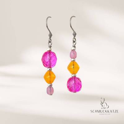 asymmetrische Ohrringe silber hängend, Ohrringe pink, orange - bunte Perlen Ohrringe, lange Edelstahl Ohrringe