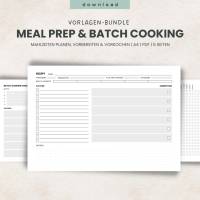 Meal Prep & Batch Cooking PDF Vorlagen | Wochenplan, Einkaufsliste, Rezeptkarten | A4 Printable | Essensplanung Bild 1