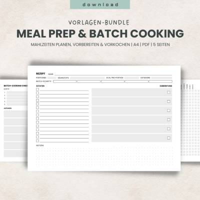 Meal Prep & Batch Cooking PDF Vorlagen | Wochenplan, Einkaufsliste, Rezeptkarten | A4 Printable | Essensplanung