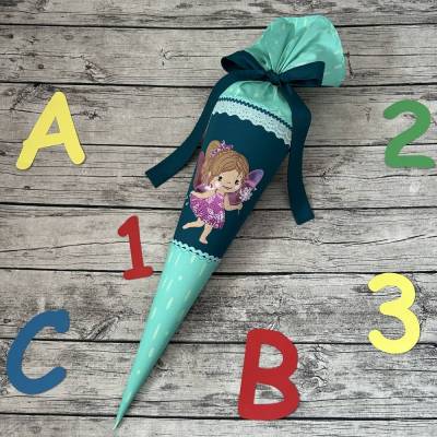 zauberhafte Schultüte / Zuckertüte 70cm aus Stoff mit Fee / Elfe und Pusteblumen Mint/petrol