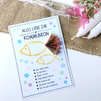 Druckvorlage Geldgeschenk - zur Kommunion - Glückwunschkarte - Kommunionkarte - Gratulation - Fischmotiv