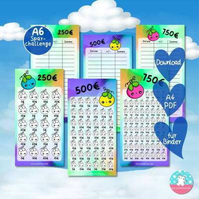 Kawaii Sparchallenge - Geld sparen - PDF A4 - Bundle 250 500 750 - cute Berry - Umschlagmethode