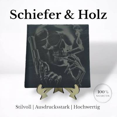 Schieferplatte mit Lasergravur | Rockige Wanddeko | Geschenkidee | Holzständer | Biker Rock Deko | Graviertes Schild