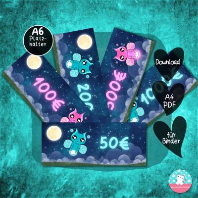 Platzhalter Glühwürmchen - 50 100 200 500 1000 Euro - PDF A4 Download - passend für A6 Zippertaschen - Umschlagmethode