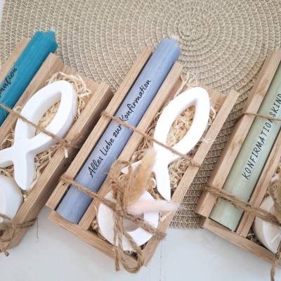 Konfirmation Konfirmationsgeschenk mit einem Fisch (Var 1) Kerzenhalter rund Geschenkset für Jungen und Mädchen Konfirma