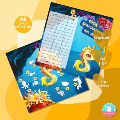 Klappkarte - Arella - Sparchallenge mit Meerestieren zum ausmalen - PDF A4 Download - passend für A6 Zippertaschen