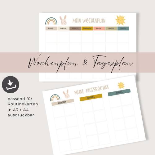 Wochenplan und Tagesplan Kinder in A3 & A4, Montessori inspiriert, PDF Download zum runterladen