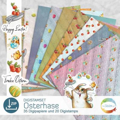 Digistampset Osterhase, Digipapier, Osterei, Jonglierender Hase, Ostern, Radieschen, Küken, Design von senSEASONal