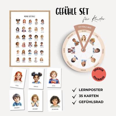 Gefühlskarten für Kinder, Montessori Lernmaterial, Gefühle Set mit Gefühlsrad, Lernposter und Gefühlskarten
