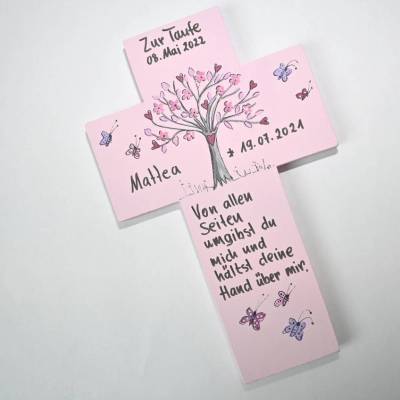 Personalisiertes Holzkreuz Lebensbaum für Mädchen – Taufkreuz Geschenk zur Taufe und Kommunion